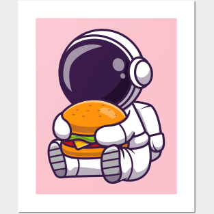 Cute Astronaut Eating Burger Cartoon Posters and Art